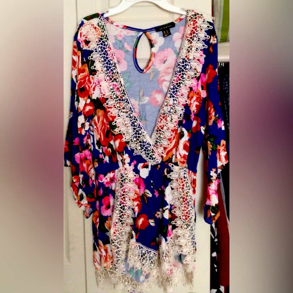 Blue & Pink Floral Lacy Short Sleeve Romper